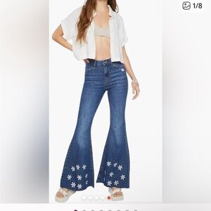 NWT Forever 21 Blue Flare Jeans with Embroidered White Floral Accents